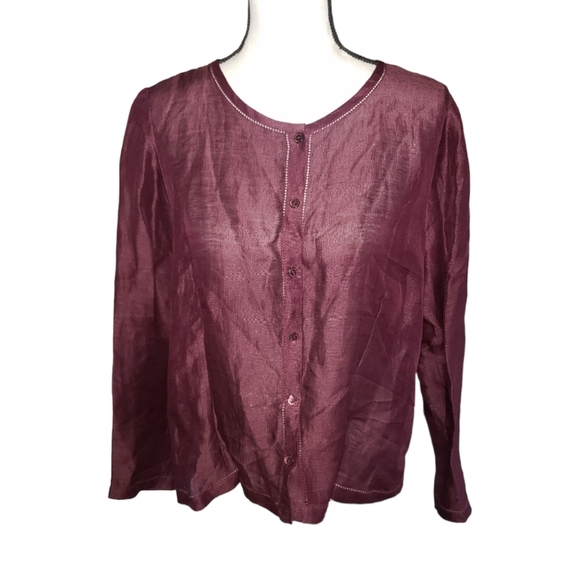 Eileen Fisher Maroon Linen / Silk Button Blouse Size L - Picture 1 of 5